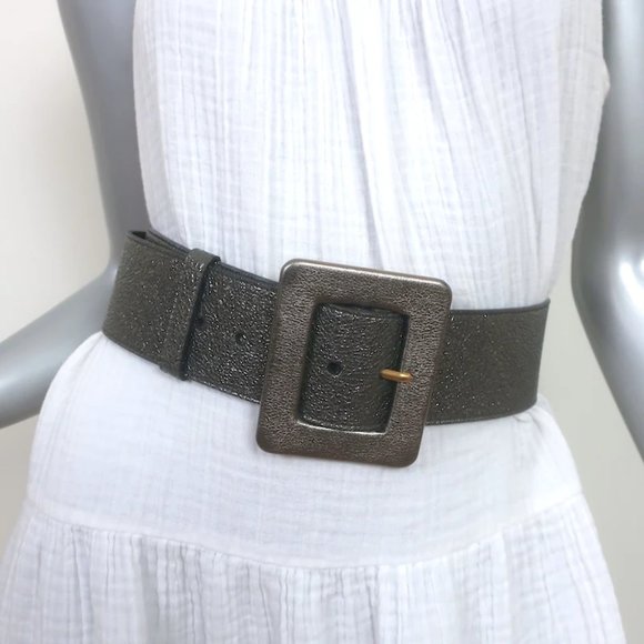Yves Saint Laurent Wide Waist Belt Pewter Metallic Leather Size 75 US 30 - Picture 1 of 5